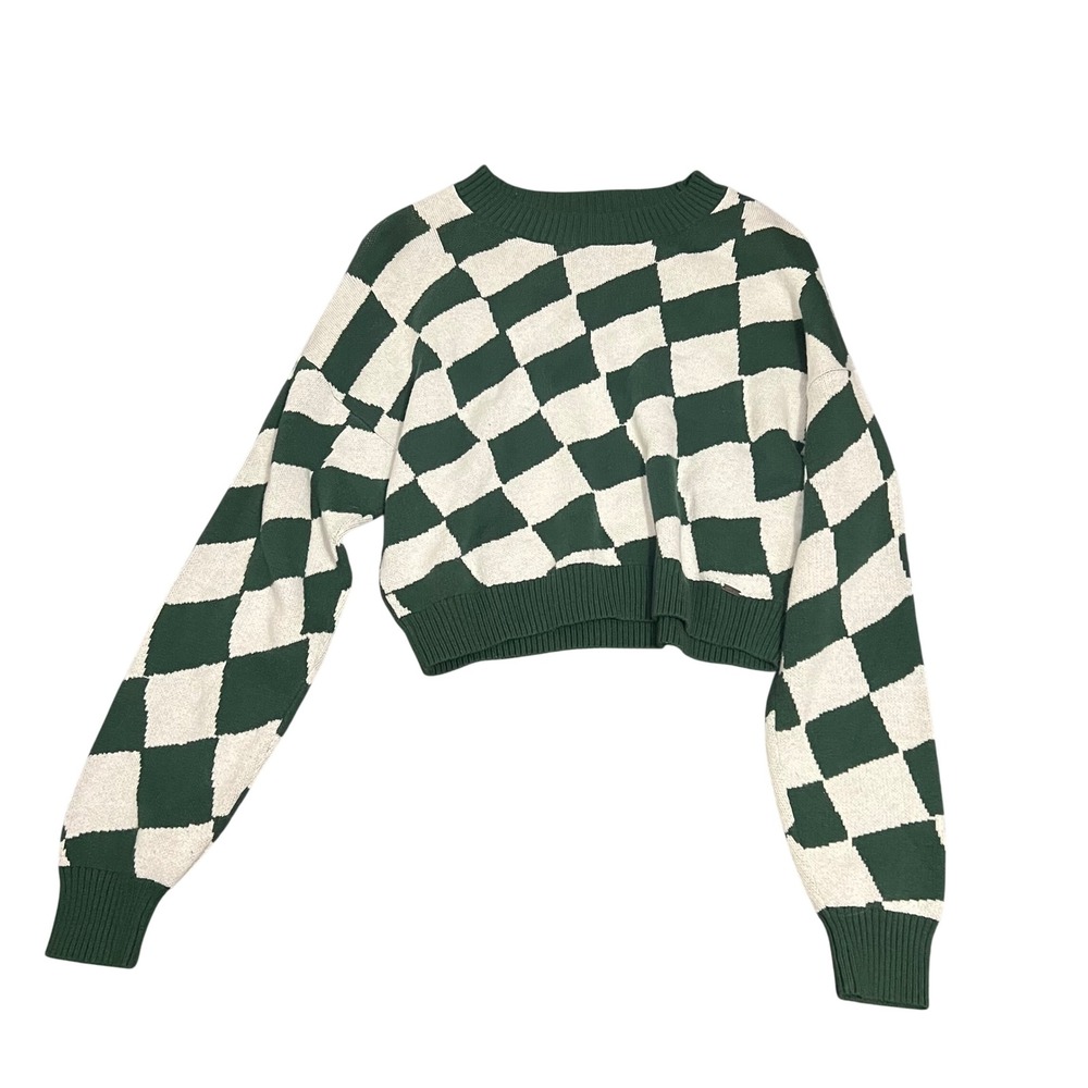 Hollister Womans Small Green White Checkered Cropped Crewneck Sweater